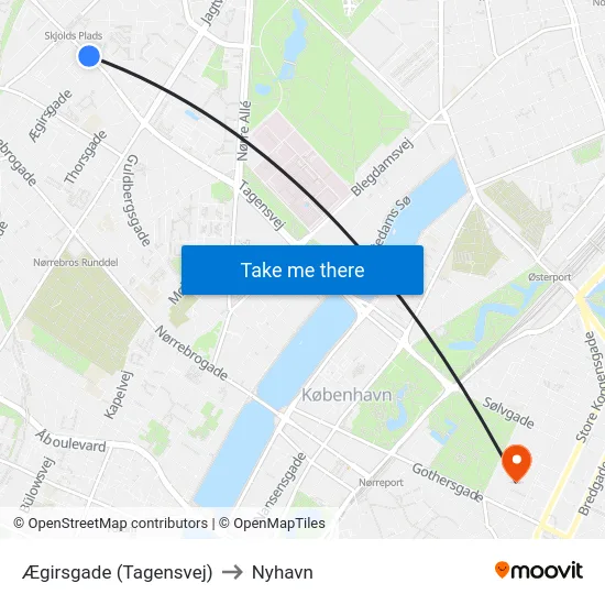 Ægirsgade (Tagensvej) to Nyhavn map