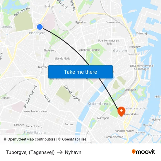 Tuborgvej (Tagensvej) to Nyhavn map