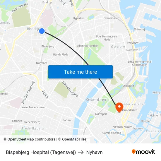 Bispebjerg Hospital (Tagensvej) to Nyhavn map