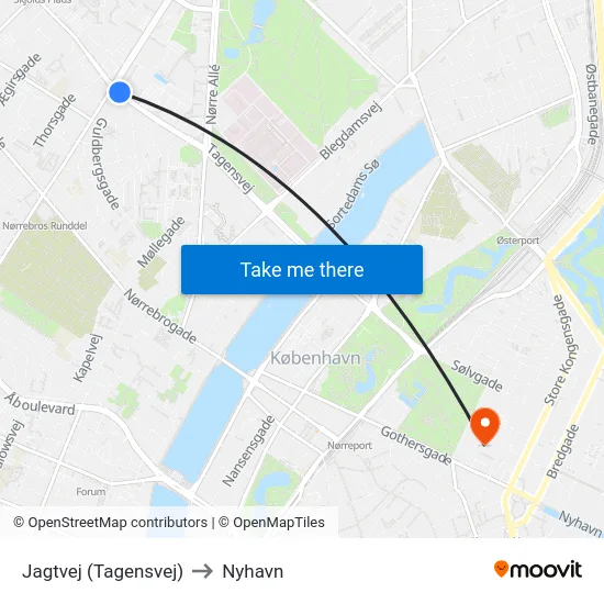 Jagtvej (Tagensvej) to Nyhavn map