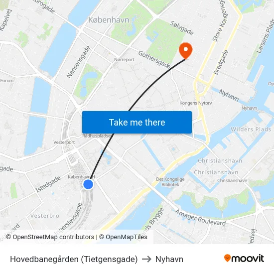 Hovedbanegården (Tietgensgade) to Nyhavn map