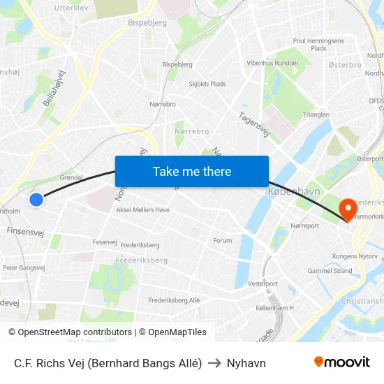 C.F. Richs Vej (Bernhard Bangs Allé) to Nyhavn map