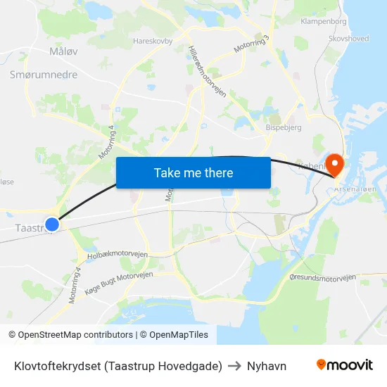 Klovtoftekrydset (Taastrup Hovedgade) to Nyhavn map