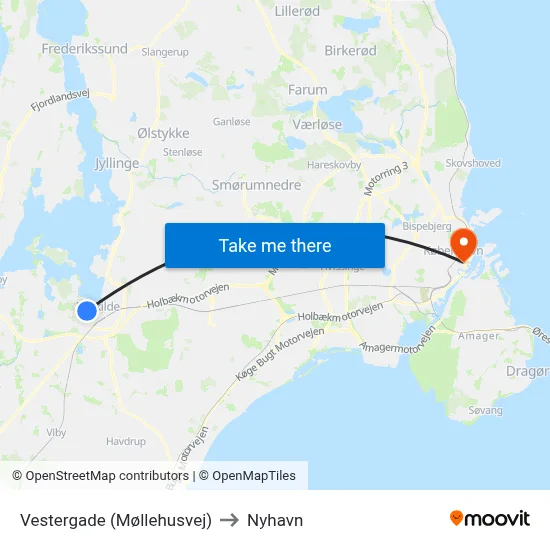 Vestergade (Møllehusvej) to Nyhavn map