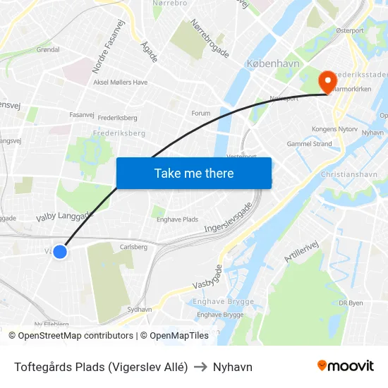 Toftegårds Plads (Vigerslev Allé) to Nyhavn map