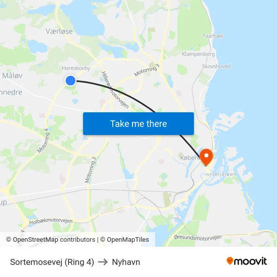 Sortemosevej (Ring 4) to Nyhavn map