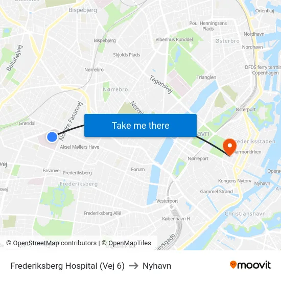 Frederiksberg Hospital (Vej 6) to Nyhavn map