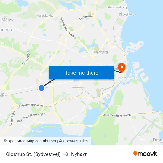 Glostrup St. (Sydvestvej) to Nyhavn map