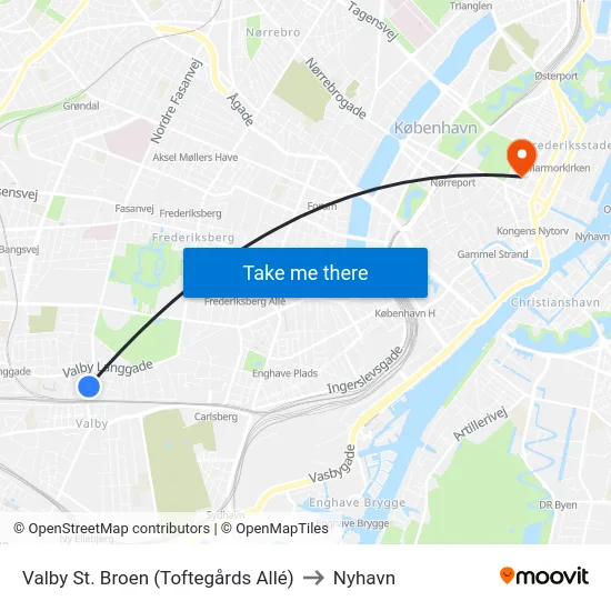 Valby St. Broen (Toftegårds Allé) to Nyhavn map