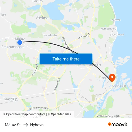 Måløv St. to Nyhavn map