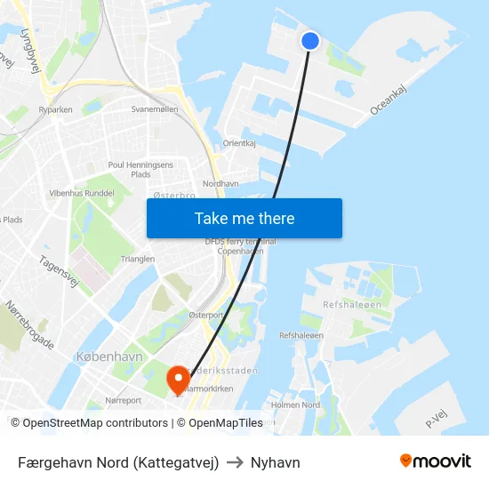 Færgehavn Nord (Kattegatvej) to Nyhavn map