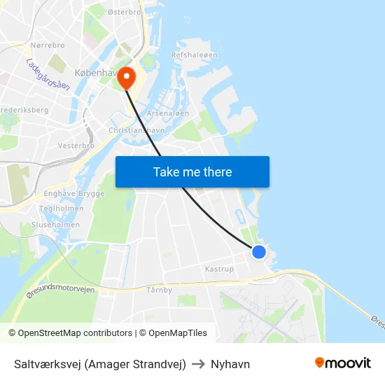 Saltværksvej (Amager Strandvej) to Nyhavn map