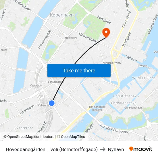 Hovedbanegården Tivoli (Bernstorffsgade) to Nyhavn map
