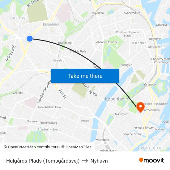 Hulgårds Plads (Tomsgårdsvej) to Nyhavn map