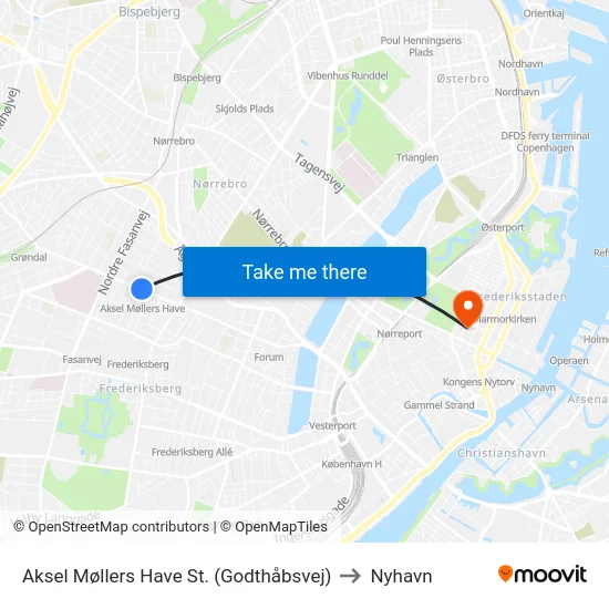 Aksel Møllers Have St. (Godthåbsvej) to Nyhavn map