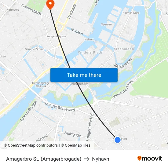 Amagerbro St. (Amagerbrogade) to Nyhavn map