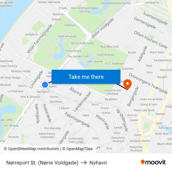 Nørreport St. (Nørre Voldgade) to Nyhavn map