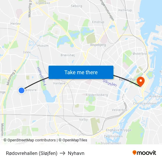 Rødovrehallen (Sløjfen) to Nyhavn map