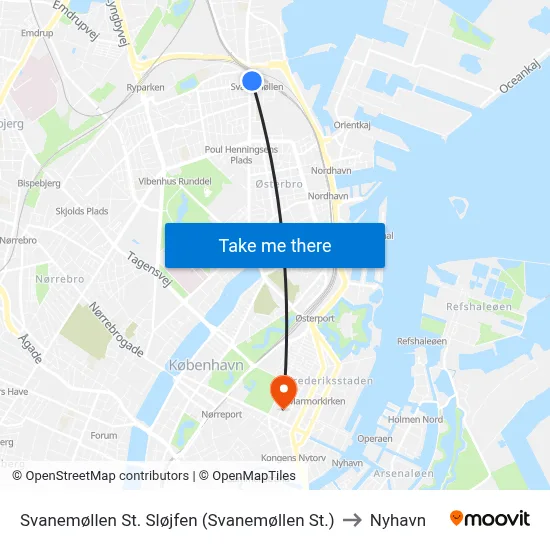 Svanemøllen St. Sløjfen (Svanemøllen St.) to Nyhavn map
