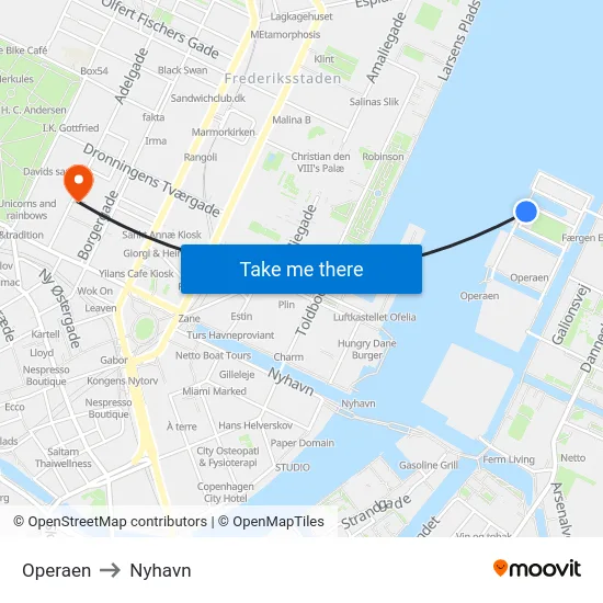 Operaen to Nyhavn map