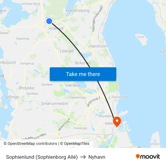 Sophienlund (Sophienborg Allé) to Nyhavn map
