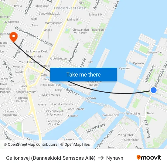 Galionsvej (Danneskiold-Samsøes Allé) to Nyhavn map
