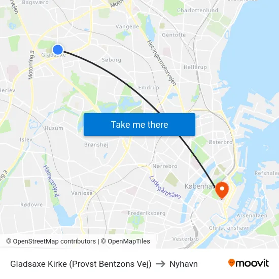 Gladsaxe Kirke (Provst Bentzons Vej) to Nyhavn map