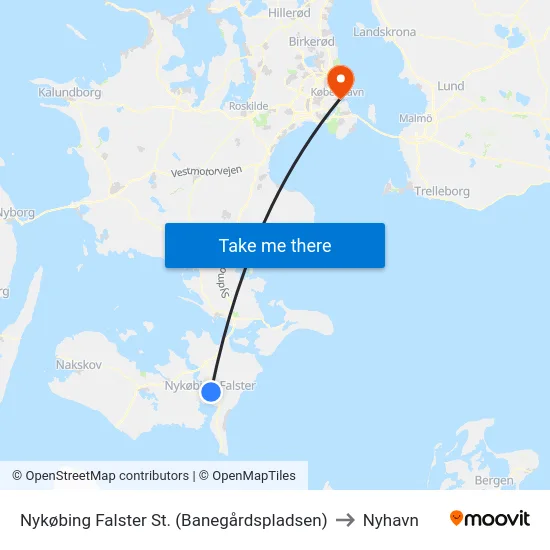 Nykøbing Falster St. (Banegårdspladsen) to Nyhavn map