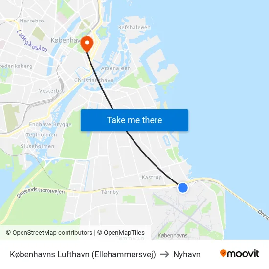 Københavns Lufthavn (Ellehammersvej) to Nyhavn map