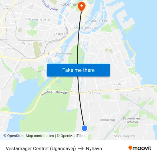 Vestamager Centret (Ugandavej) to Nyhavn map