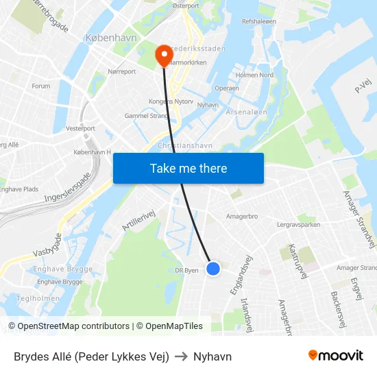 Brydes Allé (Peder Lykkes Vej) to Nyhavn map