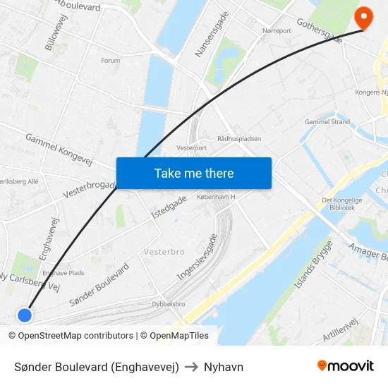 Sønder Boulevard (Enghavevej) to Nyhavn map