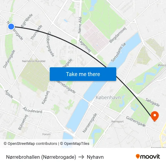 Nørrebrohallen (Nørrebrogade) to Nyhavn map