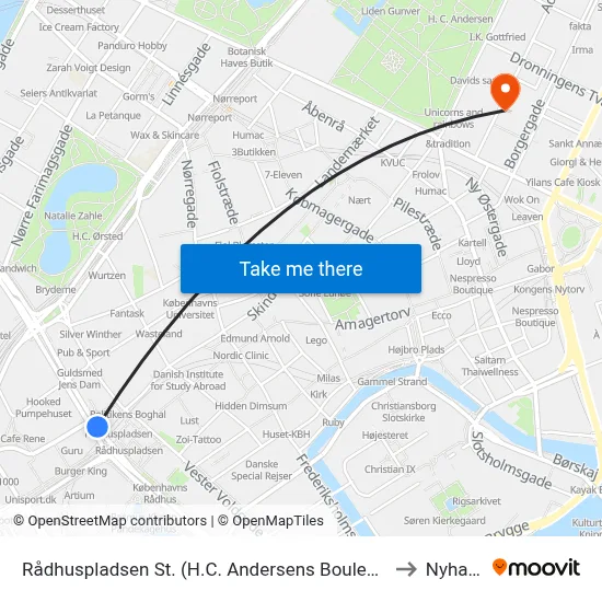 Rådhuspladsen St. (H.C. Andersens Boulevard) to Nyhavn map