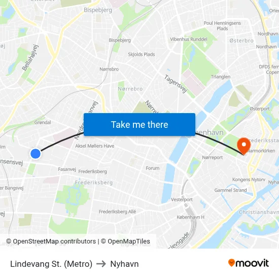 Lindevang St. (Metro) to Nyhavn map