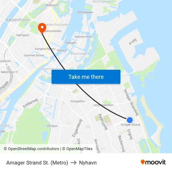 Amager Strand St. (Metro) to Nyhavn map
