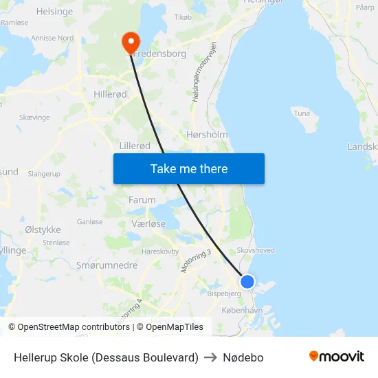 Hellerup Skole (Dessaus Boulevard) to Nødebo map