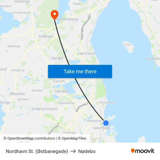 Nordhavn St. (Østbanegade) to Nødebo map