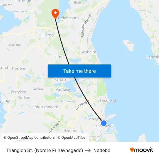 Trianglen St. (Nordre Frihavnsgade) to Nødebo map