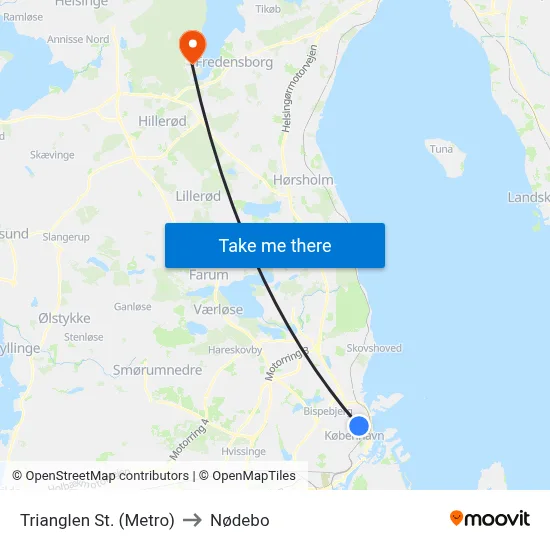 Trianglen St. (Metro) to Nødebo map