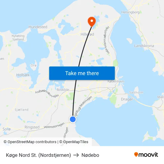 Køge Nord St. (Nordstjernen) to Nødebo map