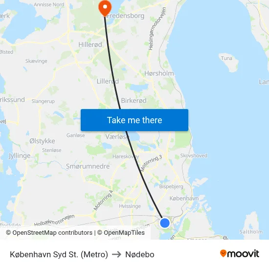 København Syd St. (Metro) to Nødebo map