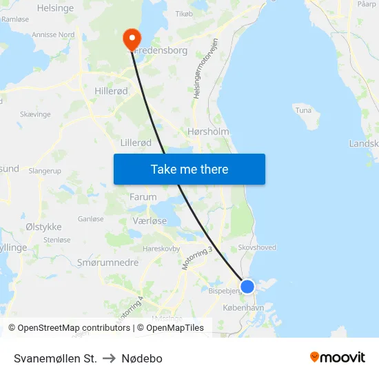 Svanemøllen St. to Nødebo map