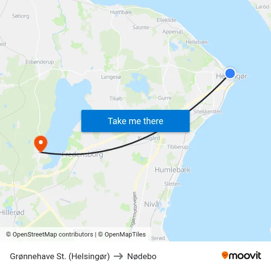 Grønnehave St. (Helsingør) to Nødebo map