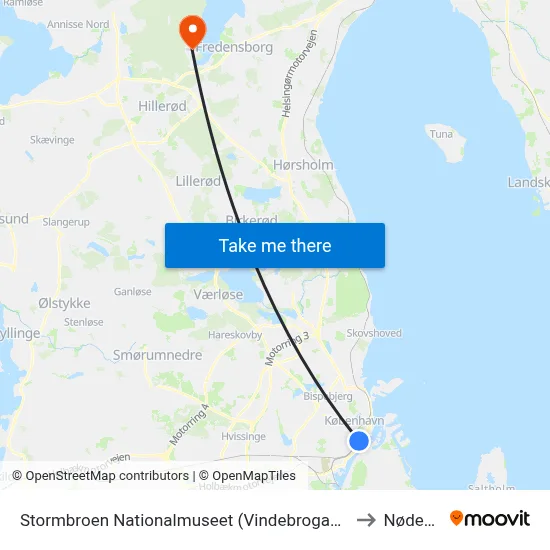 Stormbroen Nationalmuseet (Vindebrogade) to Nødebo map