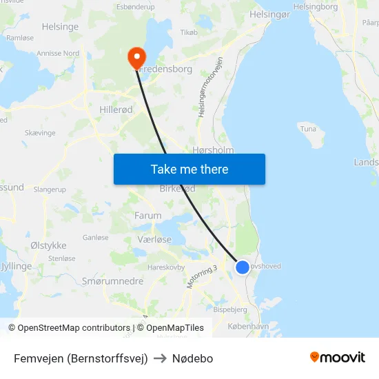Femvejen (Bernstorffsvej) to Nødebo map