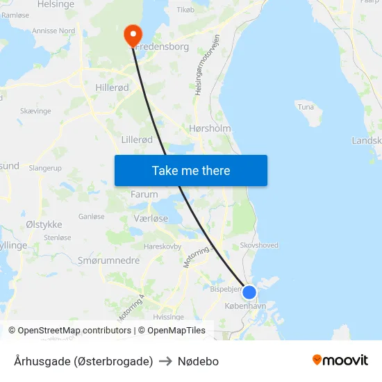 Århusgade (Østerbrogade) to Nødebo map
