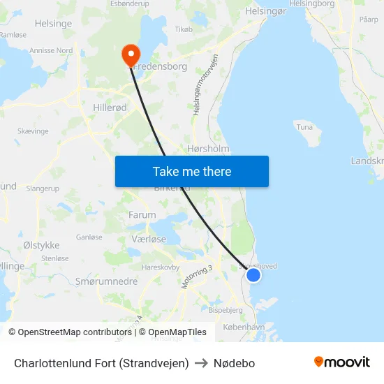 Charlottenlund Fort (Strandvejen) to Nødebo map