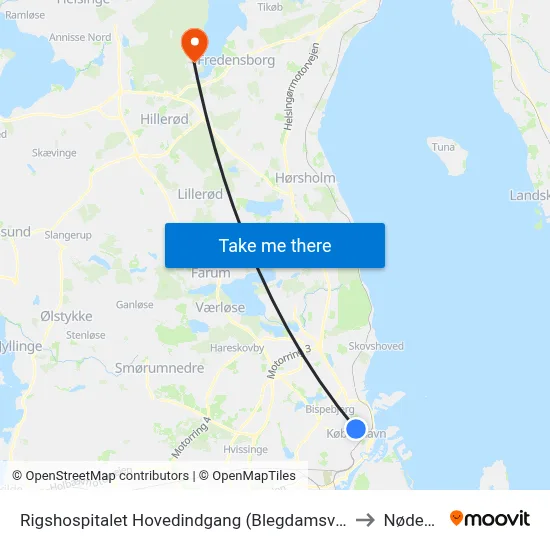 Rigshospitalet Hovedindgang (Blegdamsvej) to Nødebo map