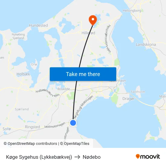 Køge Sygehus (Lykkebækvej) to Nødebo map